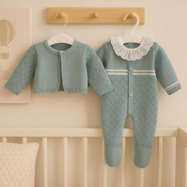 Conjunto de lana con chaqueta cuello redondo Verde