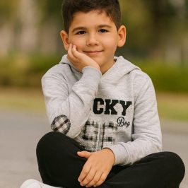 Chándal niño sudadera fina cuadros gris y coderas