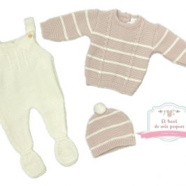 Conjunto peto   jersey gorrito pompón crudo y beig