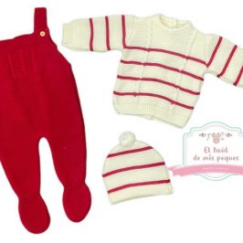 Conjunto peto   jersey gorrito pompón crudo y rojo