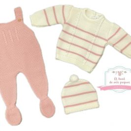 Conjunto peto   jersey gorrito pompón rosa y crudo