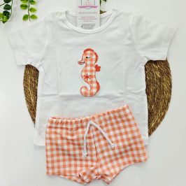 Conjunto Baño caballito de mar vichy naranja niño