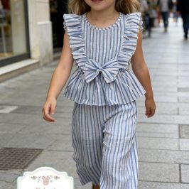 conjunto blusa y pantalon pesquero rayas celeste